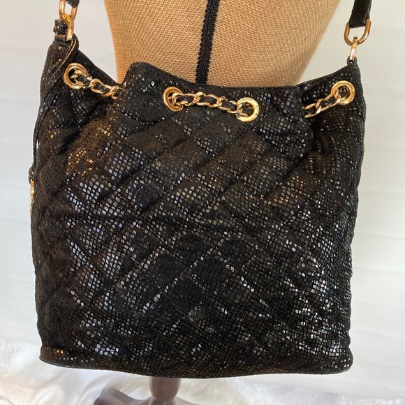 Michael Kors black snake skin shoulder handbag with brass accents - Picture 7 of 8